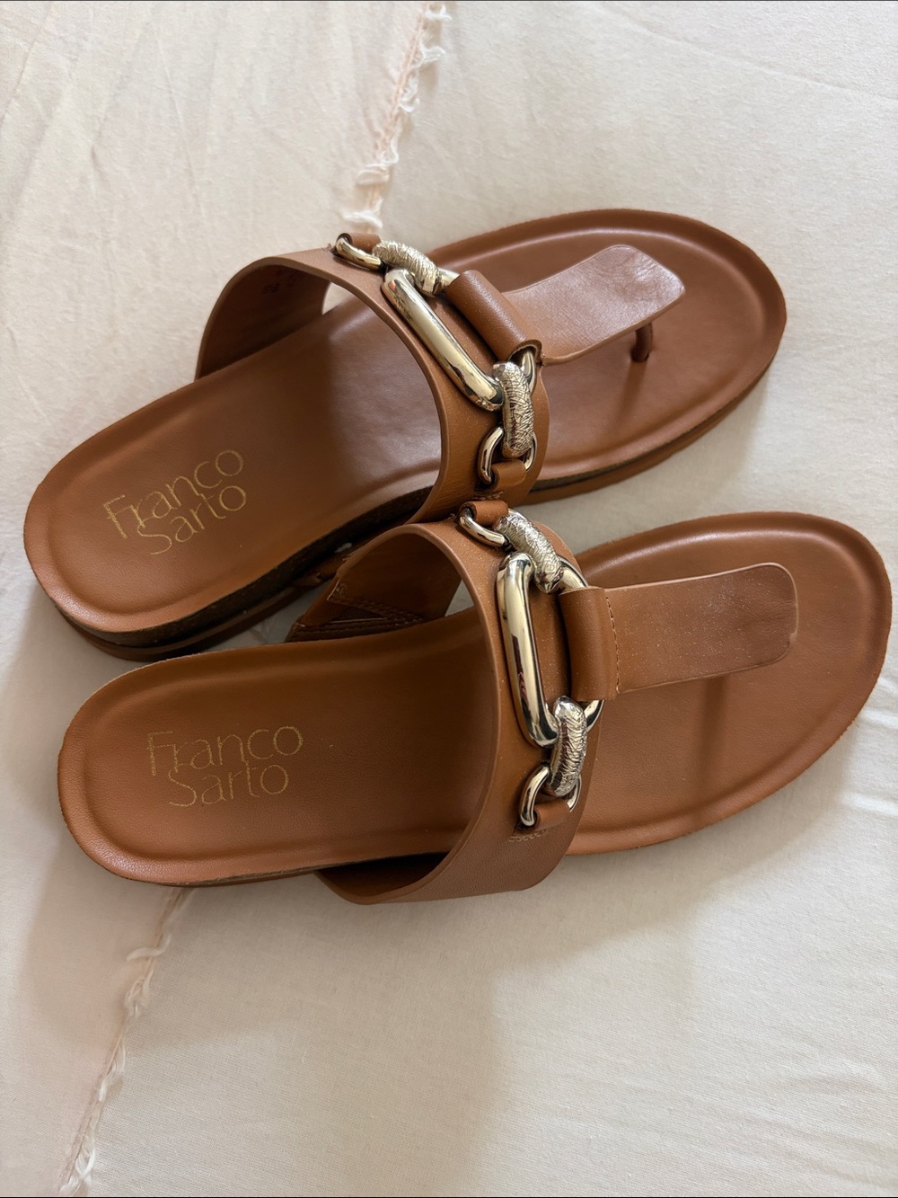 Franco Sarto Brown Leather Slide Sandals with Gold-Tone Chain